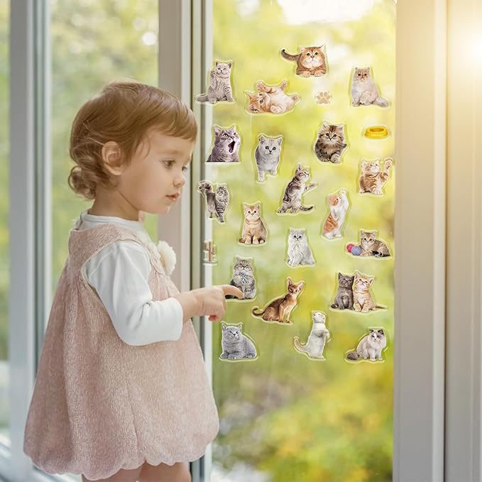 20 Pcs Cat Thick Gel Clings Kitten Window Gel Clings Decals Stickers for Kids Toddlers and Adults Cute Reusable Window Clings for Home Airplane Classroom Nursery Cat Party Supplies Decorations