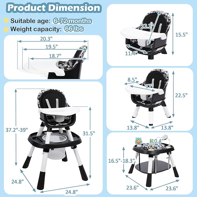 Xilingol 15-in-1 Convertible High Chair, 2-in-1 Baby Highchair & Activity Center W/Toys, Booster Seat | Building Block Table | Toddler Chair W/Removable Tray & 5-Point Harness & 2-Layer Cushion(Black)