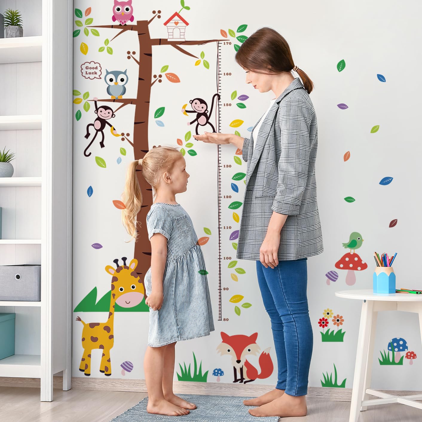 3D Cartoon Animal Height Growth Chart for Kids Wall Stickers Removable DIY Trees and Leaves Wall Stickers Vinyl Flowers Plants and Mushrooms Wall Art Decor for Nursery Kids Bedroom Living Room