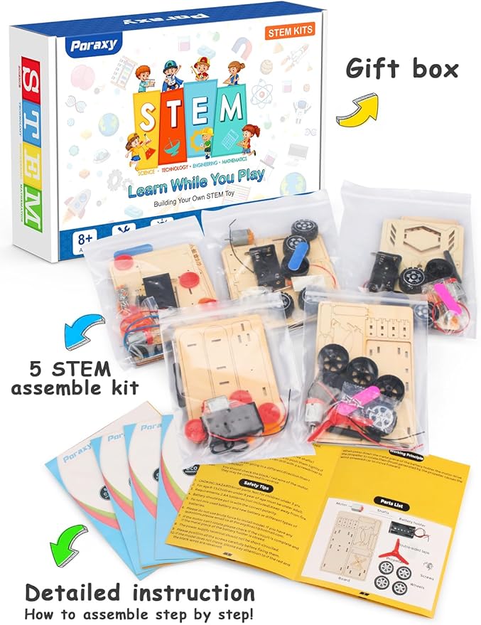 Poraxy 5 in 1 STEM Kits for Kids Age 8-10, Science Building Project Craft for 8-13, Model Car Kit, STEM Toys for Boys Girls Age 8-12, Wooden 3D Puzzles, Birthday Gifts for 6 7 8 9 10 11 12 13 Year Old