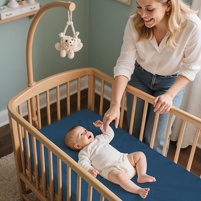 Baby Bassinet Sheets TPU Waterproof 2 Pack Soft Muslin Bedside Bassinet Mattress Sheets with Bottom Elastic Band for Baby Boy Girls Unisex Fit Hourglass Oval and Rectangle, Blue