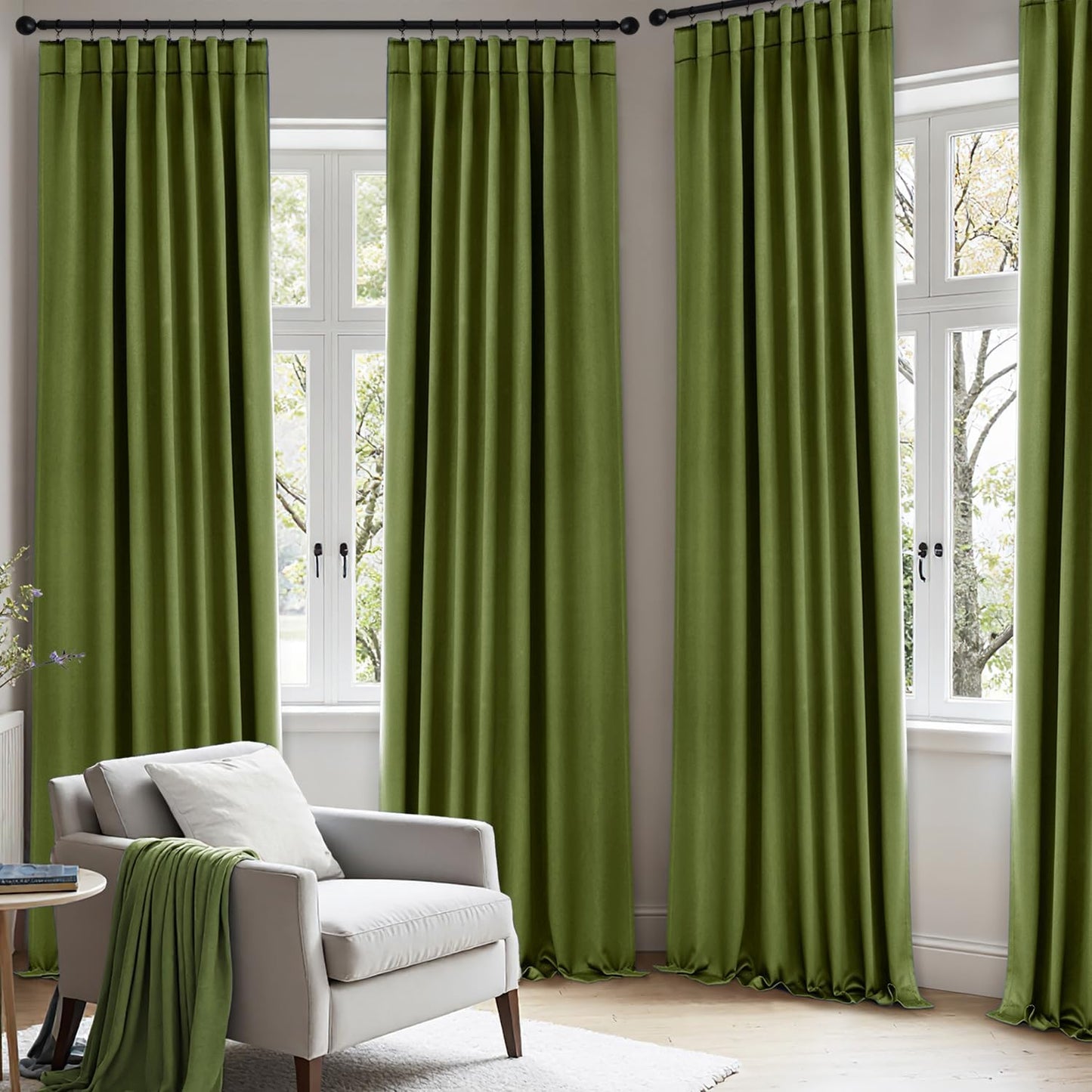 ANRODUO Back Tab Blackout Curtains for Bedroom Living Room, Rod Pocket Pinch Pleated Thermal Insulated Room Darkening Curtains 84 Inches Long 2 Panels, Olive Green, 42 x 84 Inch