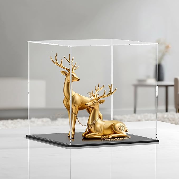 10 Inch Clear Acrylic Display Case, Cube Acrylic Box for Collectibles Showcase, Plexiglass Case with Matt Black Stand for Toys, Arts and Figures