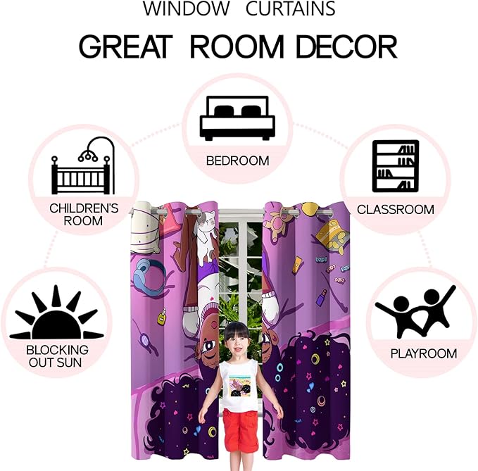 Cartoon Printed Curtains for Bedroom, 82 x 84 inches, Blackout, Grommet Top, 2 Piece Set, Girls Room Curtains, Thermal Insulated