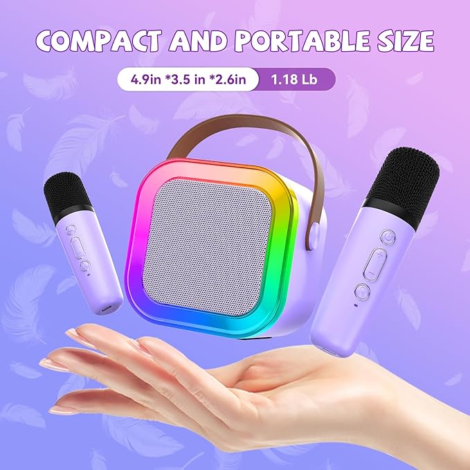 【2025 Newest】 Mini Karaoke Machine for Kids Girls & Boys - Portable Bluetooth Speaker with 2 Wireless Microphones - Kids Birthday Gifts for Ages 4-10 - Kids' Instrument Accessories - Purple