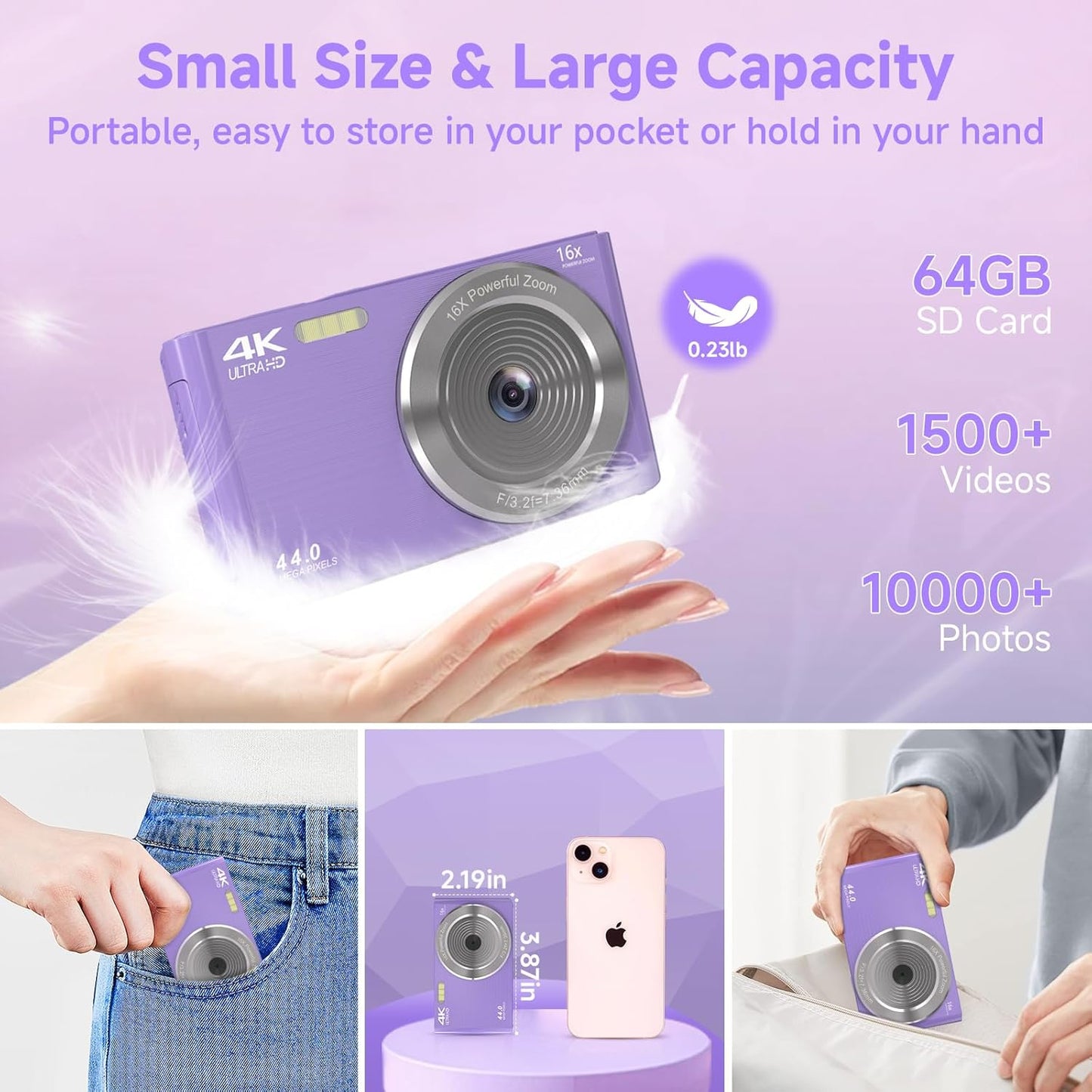 Digital Camera for Teens, FHD 4K 44MP Digital Camera Purple with 64GB SD Card 16X Digital Zoom, Cameras for Photography Compact Point and Shoot Camera for Teen Boys Girls Kids Camera Digital Purple
