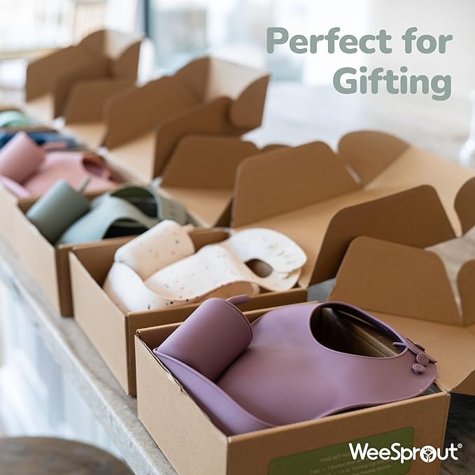 WeeSprout Baby Led Weaning Bundle, Silicone Suction Bowl, Spoons, Bib & Cup, Develops Self Feeding Skills, Dishwasher Safe (Confetti)