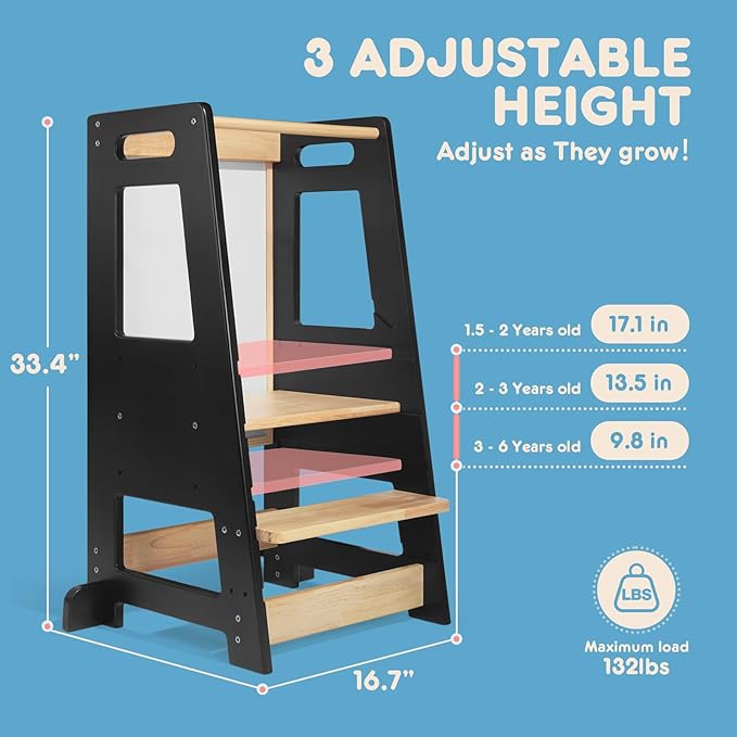 Toddler Kitchen Stools Helper with Adjustable Height and Anti-Slip Protection, Kids Standing Tower with Safety Rail, Kids Montessori Stool with Learning Chalkboard, Black