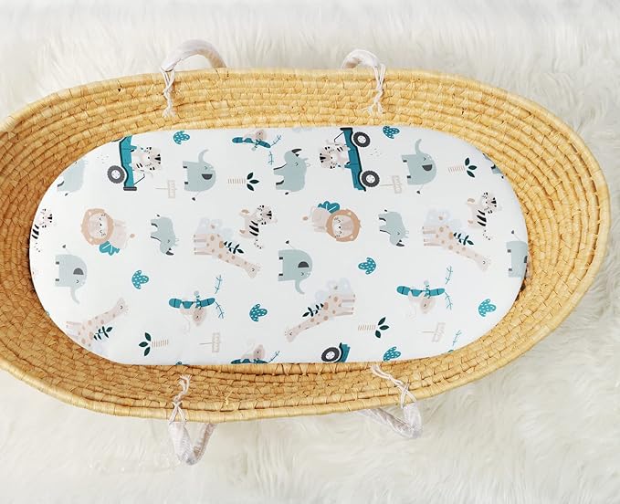 Bassinet Sheet Set 2 Pack Snug Fitted Cradle Fitted Sheets, Stretchy Ultra Soft, for Oval Rectangle Hourglass Bassinet Mattress, Unisex Boy Girl, Tiger Elephant & Fox