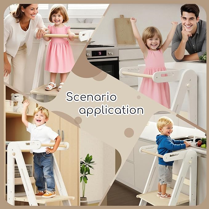 Kids Kitchen Step Stool, Foldable Toddler Tower, Height Adjustable Toddler Standing Tower with Safty Rail and Anti-Slip Device, Wooden Stool for 1.5-6 Years(White-Wood)
