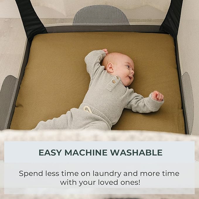 Pobibaby – 2 Pack Pack N Play Sheets and Mini Crib Sheets, Premium Fitted Pack N Play Sheets for Standard Playards and Mini Cribs – Ultra-Soft Jersey Knit, Safe and Snug for Baby (Gingham Khaki)