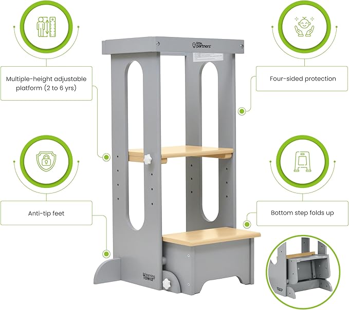 Little Partners Foldable Toddler Tower, Learning Tower Explore 'N Store Montessori Standing Kitchen Tower with Folding Step Stool Platform for Cooking and Learning, Ages 2+ (Silver Drop W/Natural)