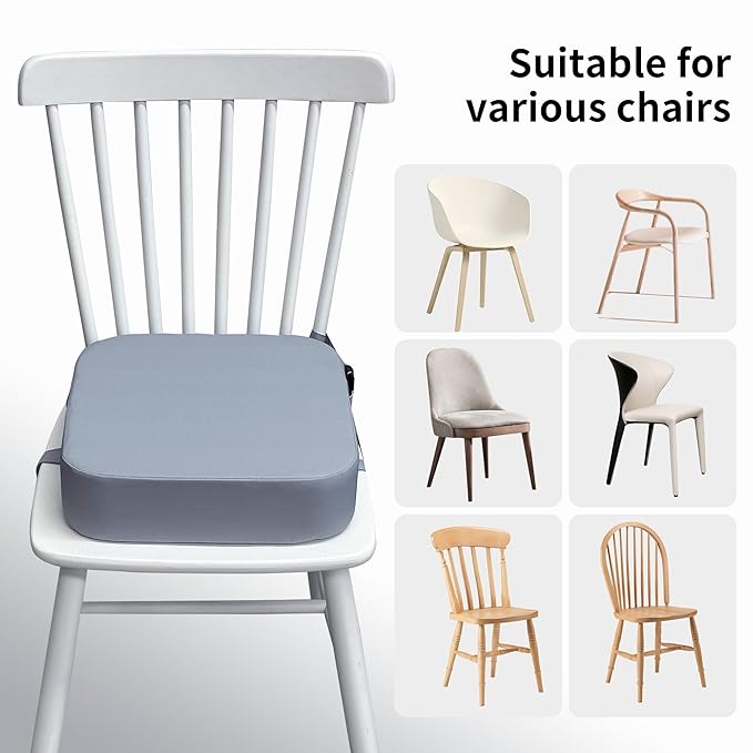 Toddler Booster Seat for Kitchen Chair, 3.5" Oxford Foam Cushion, Non-Slip Base, Adjustable Straps, Portable Dining Booster for Self-Feeding Toddlers at Home or on The Go (Grey)