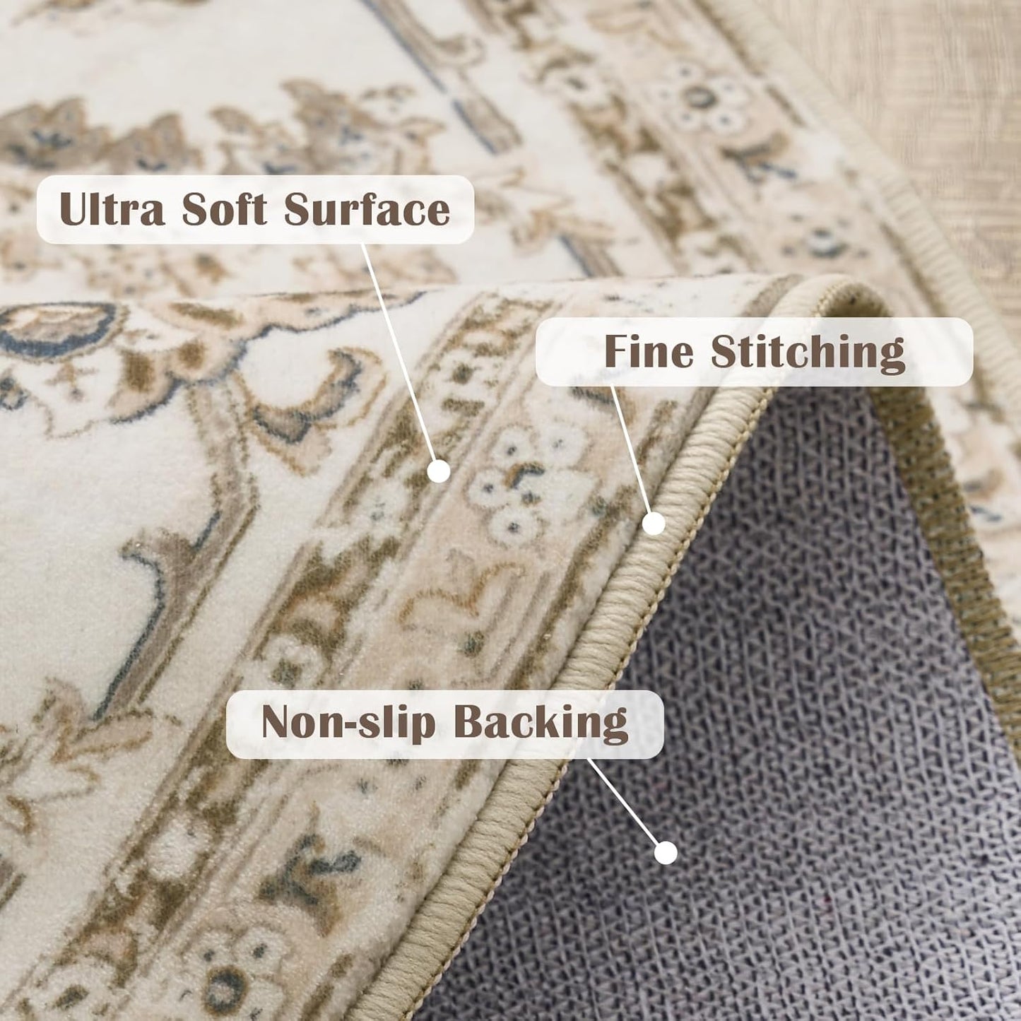 jinchan Round Rug 6ft Area Rug - Taupe Vintage Floor Mat Kitchen Indoor Ultra-Thin Soft Floral Print - Washable Circle 6' Retro Accent for Farmhouse Non Slip Dining Room Living Room Bedroom Office