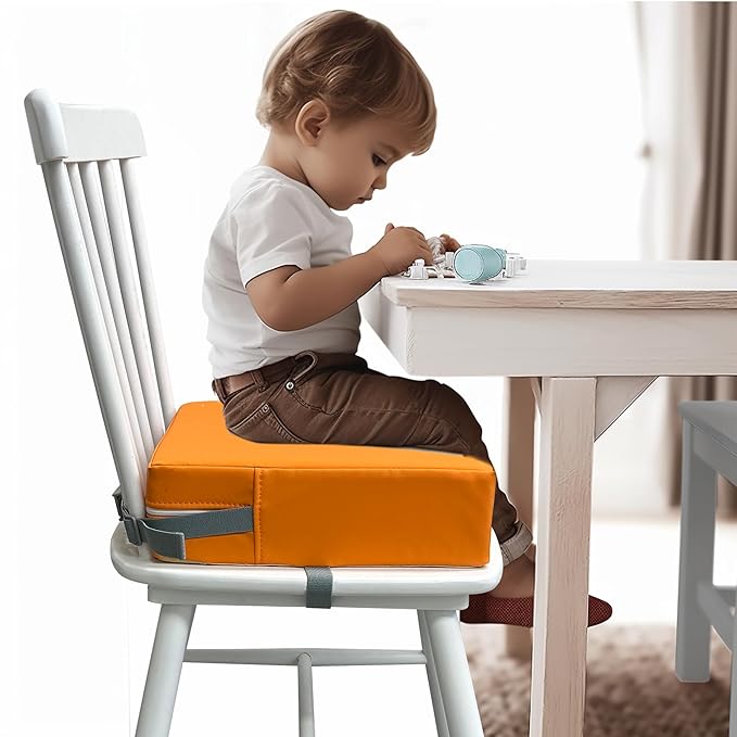 Toddler Booster Seat for Dining Table, 2 Elastic Seat Belts, Anti Scratch PU Skin-Friendly, Waterproof, Anti-Wrinkle, Detachable Non-Slip Bottom - Orange