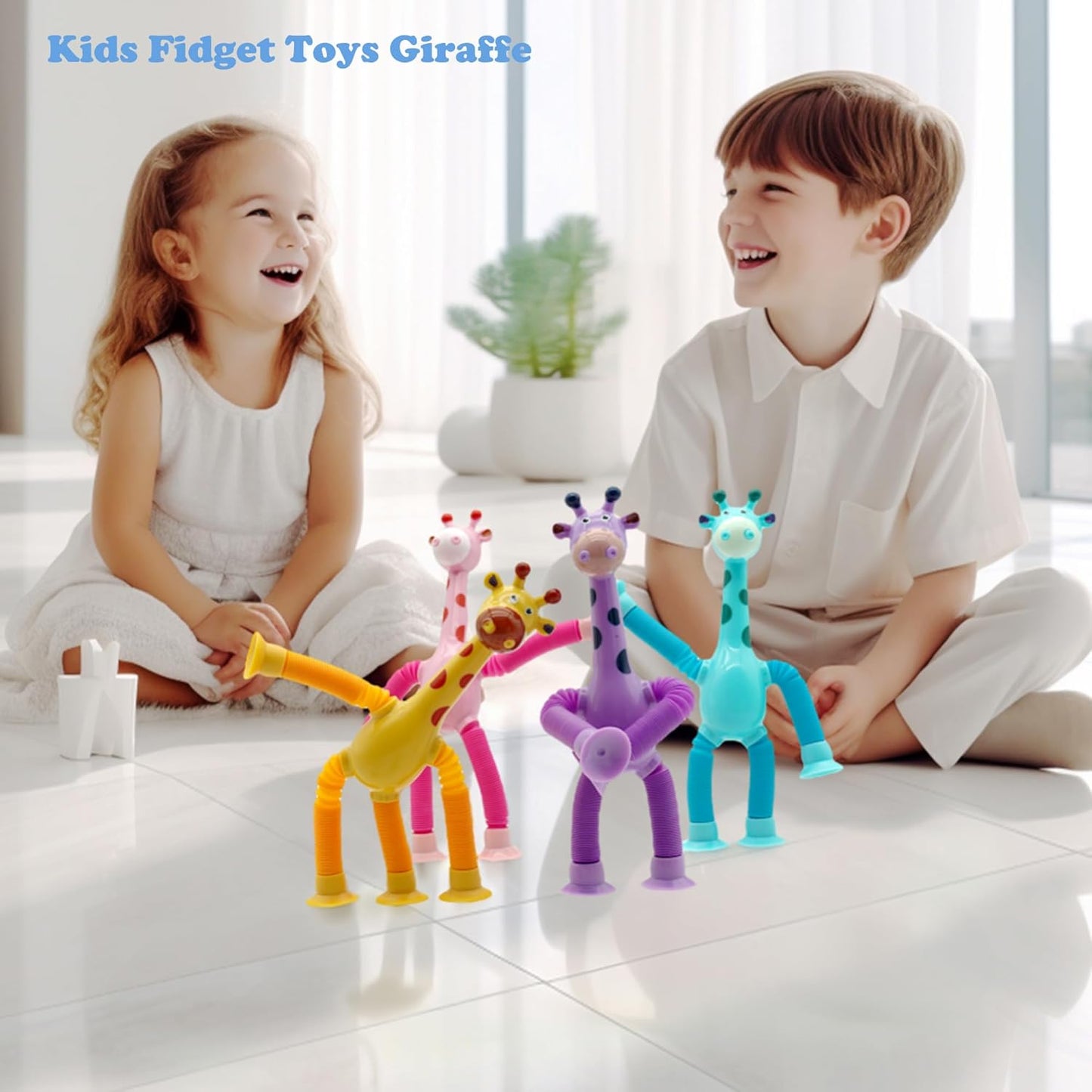 Pop Tube Giraffe Toy, 4 Pack Telescopic Suction Cup Giraffe Toy, Stretchy Giraffe Suction Toy, Pop Tube Fidget Toys for Children with Autism (4 Pack)