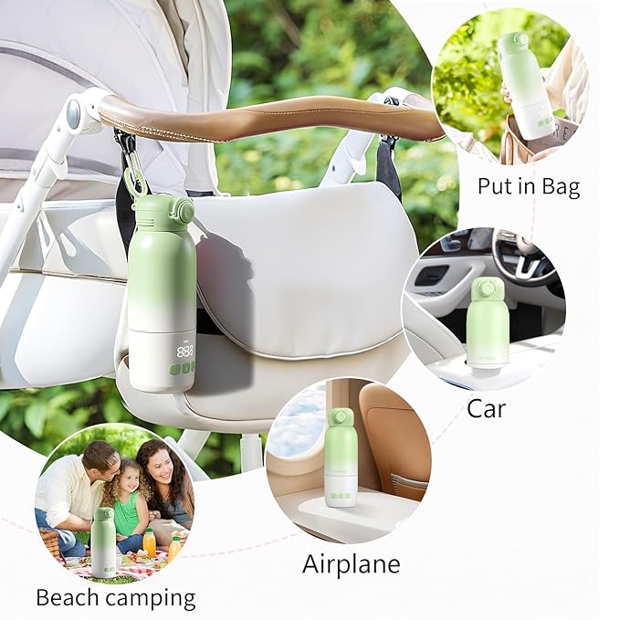 Portable Bottle Warmer, Large 12oz Capacity with Dual Heating Modes for Breast Milk & Water, Smart Temperature Control, Long Battery Life, Bottle Warmer for Outdoor, Airplane & Car Travel, Green