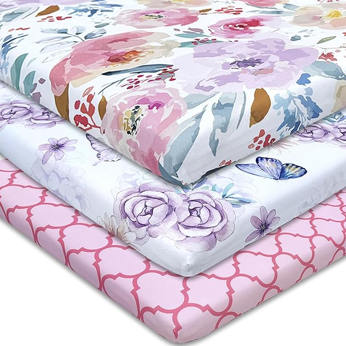 AMROSE 3 Pack Soft Mini Crib Sheets, Microfiber Pack N Play Sheets Set for Baby Girls, Silk Touch Gentle, Fitted for Playard Portable Mini Crib Mattress, Happy Garden