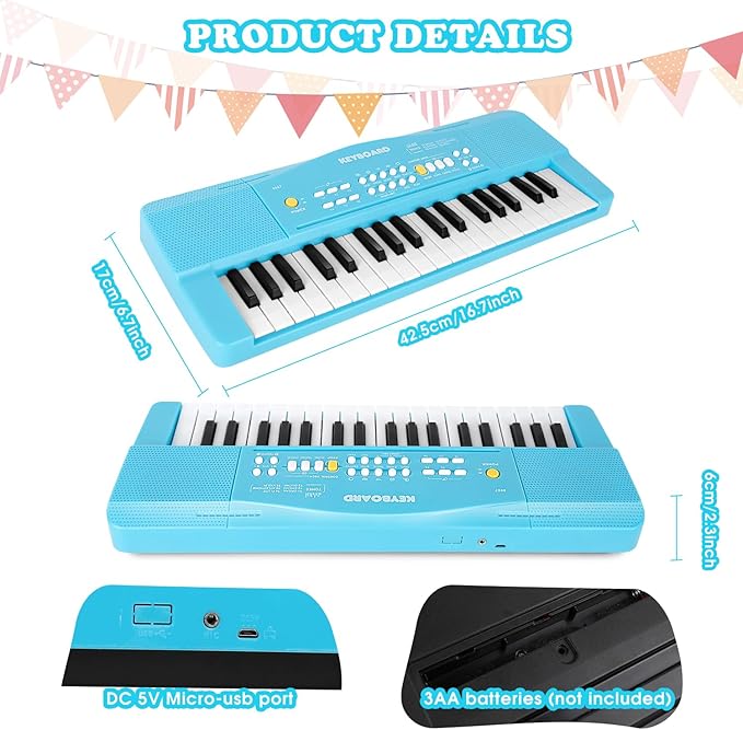 Toy Piano Keyboard for Kids Upgrade Electric Pianos Toys for 3 4 5 6 7 8 Year Old Girls Boys Beginners Keyboards with Microphone Toy for 3+ Year Old Kid Gifts (Blue)