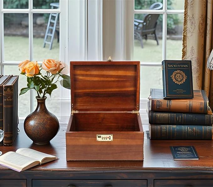 Large Wooden Storage Box with Combination Lock, 12.5 IN Acacia Wood Keepsake Box with Lid for Storage Trinkets, Jewelry, Card, Photo, Wooden Lock Decortive Case for Home -WB005-X Large
