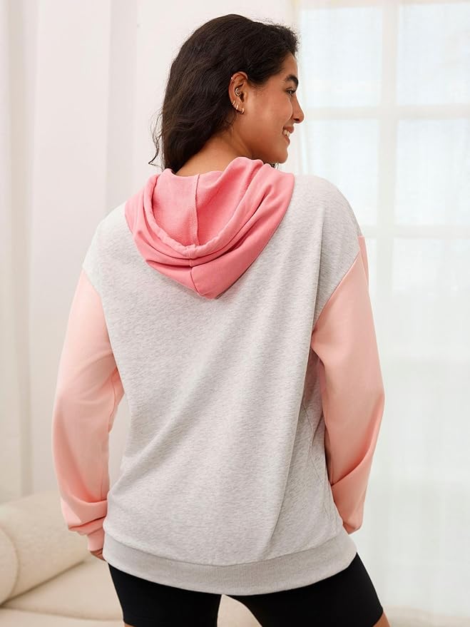 Nursing Hoodie for Breastfeeding Maternity Sweatshirt with Zippers Postpartum Nursing Top Colorblock Clothes