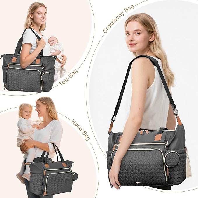 Diaper Bag Tote, Large Baby Diaper Bags Waterproof, Hospital Bag for Labor Delivery with Pacifier Case, Changing Pad, Shoulder Strap, Dark Gray