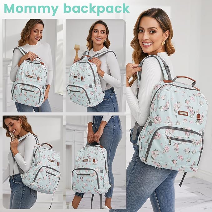 Diaper Bag Backpack, Large Baby Nappy Bags with Portable Changing Pad for Boys and GirlsMultifunction Travel Baby Bag for Moms Dads, Shower Gifts Waterproof and Stylish,Flower Green