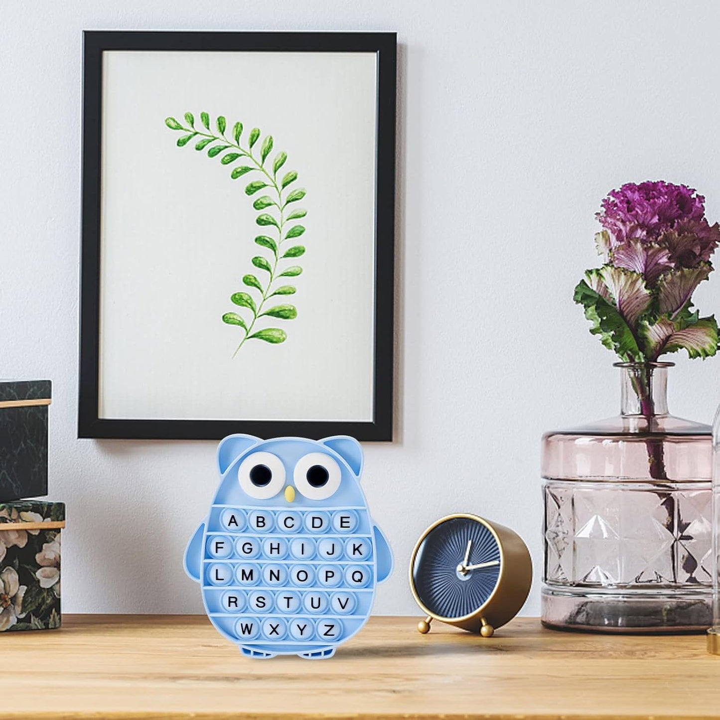 Push Pop Bubble Fidget Sensory Toy, Silicone Stress Relief Popping Toy, ABC Alphabet Owl Shaped Educational Learning Tools for Toddlers Kids Students (Black Letters-Blue)