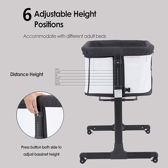 Baby Bassinet Bedside Sleeper with Wheels,Easy Folding Lightweight Crib for Baby/Infants,Breathable Mesh and Adjustable Height - Grey