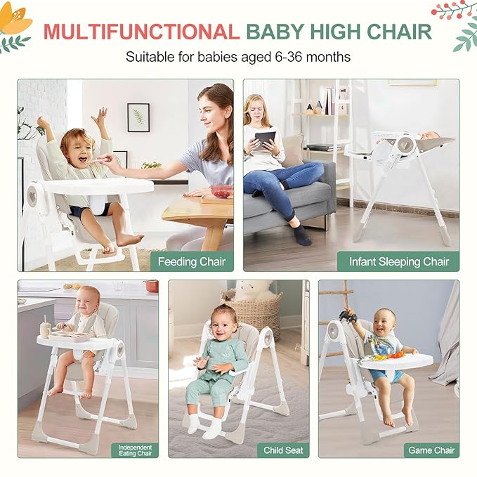 Foldable High Chairs for Babies and Toddlers, Adjustable Infant Baby Chair with Removable Tray and Non-Slip Foot Pads, Highchair for Children Aged 6 to 36 Months, Grey