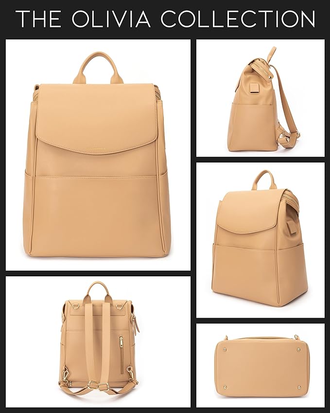 MIA + SOPHIA Leather Diaper Bag Backpack with USB Charging port, Changing Pad, Stroller Straps, and Bottle Holder (Brown Olivia)