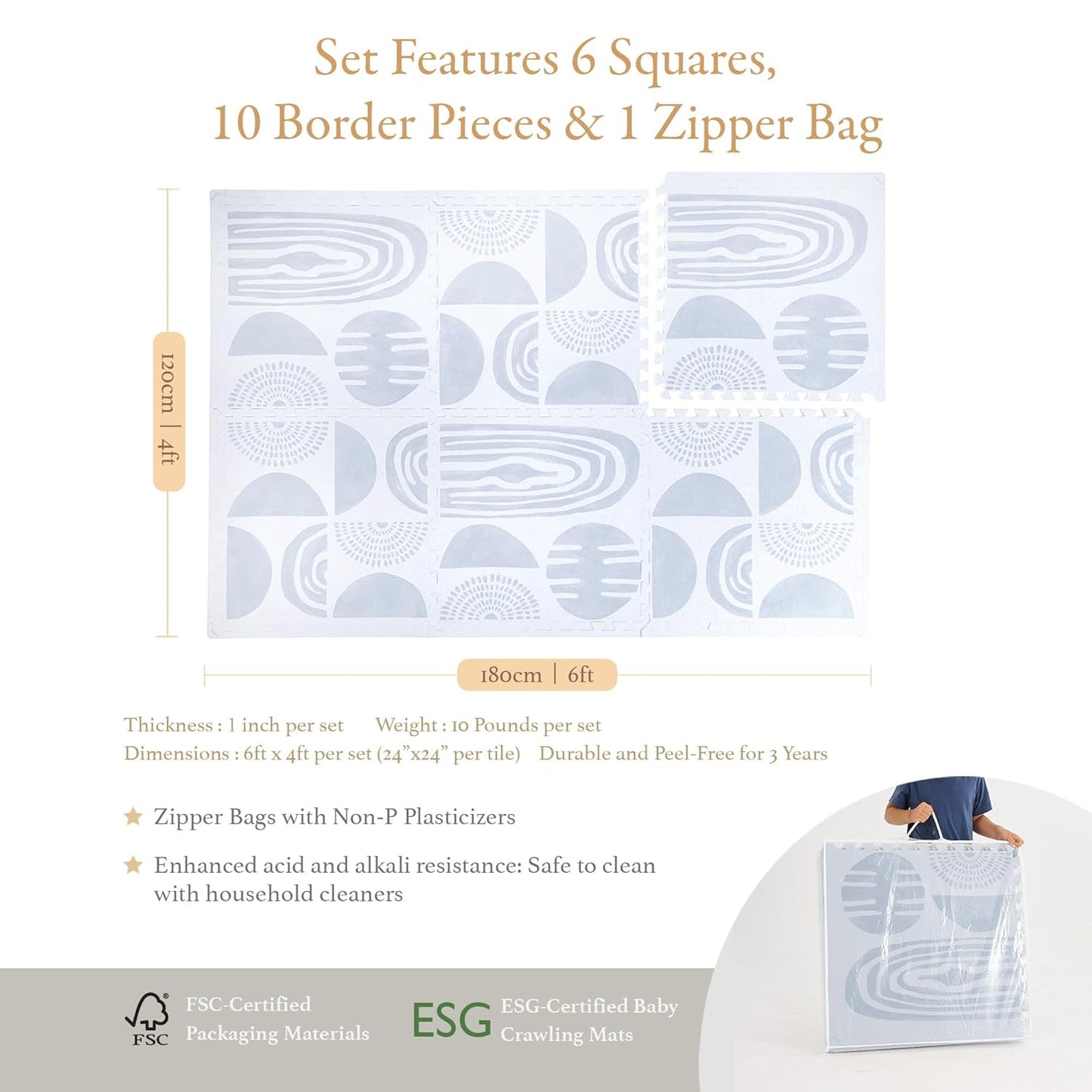 Super 1 Inch Thick Premium Quality Exercise & Baby Foam Play Mats - Expandable & Large Non-Toxic Odorless Floor Mat - 6 Tiles Spacious 6x4ft - Peel-Resistant - Foggy Gray