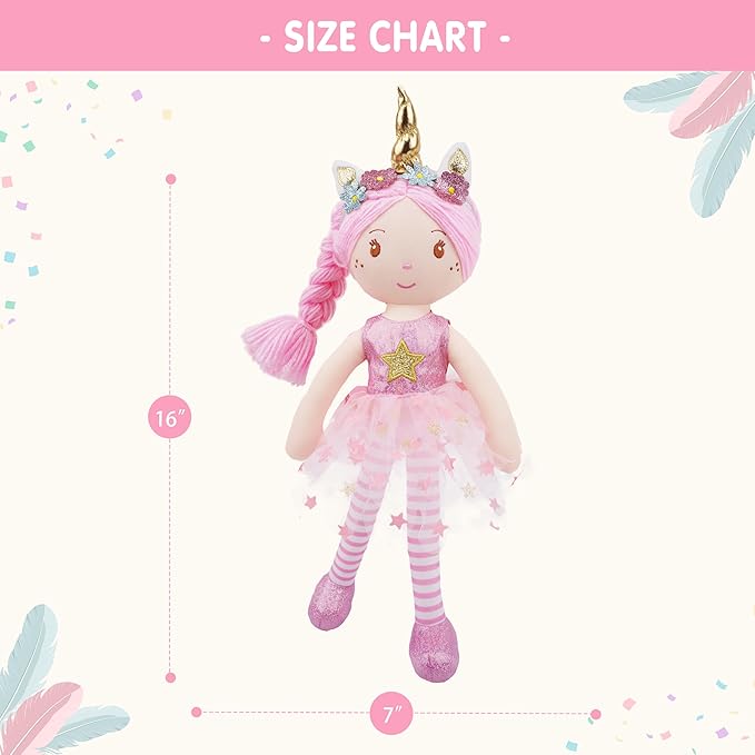 June Garden 16" Unicorn Doll Anya - Pink Hair Plush Rag Doll for Toddler Girls - Soft Companion Gift for 2+ Years - Pink Dress