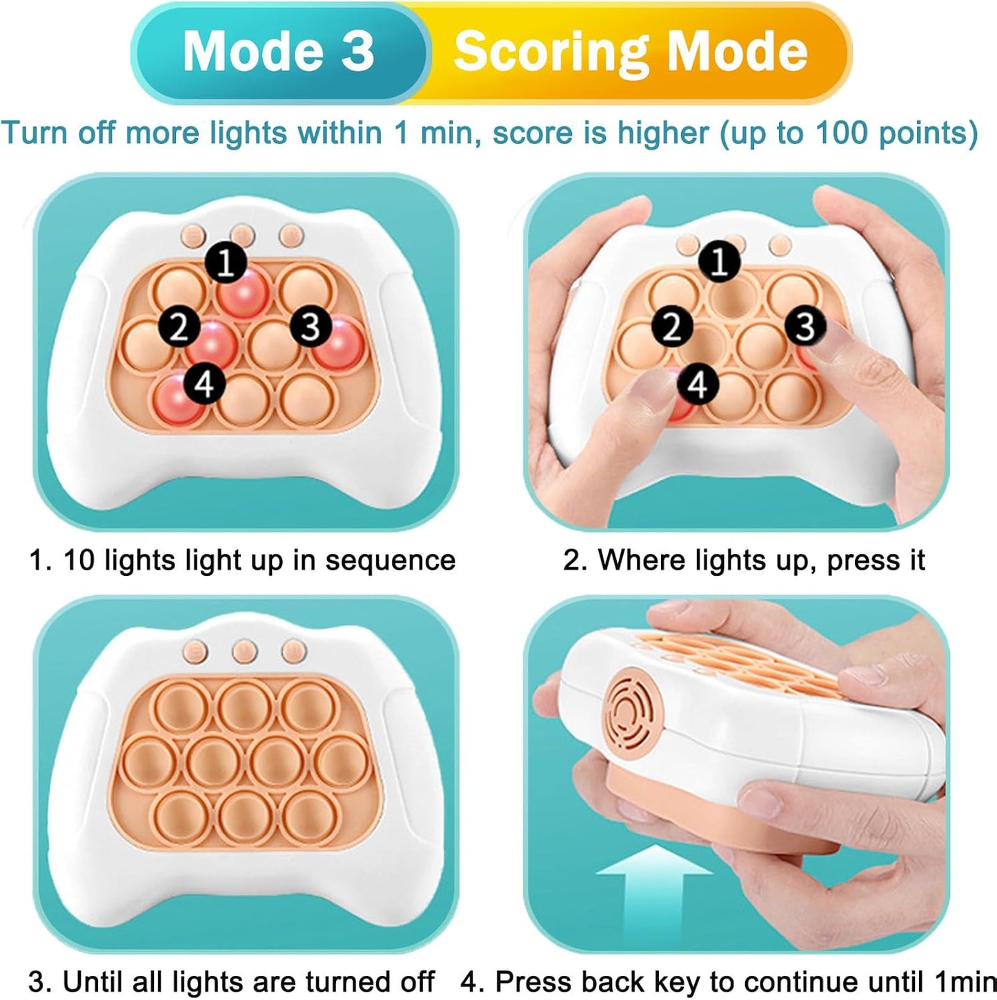 Pop Quick Push Game Console Light Up Sensory Fidget Toys Handheld Puzzle Popping Press Toy for Kids Adult White