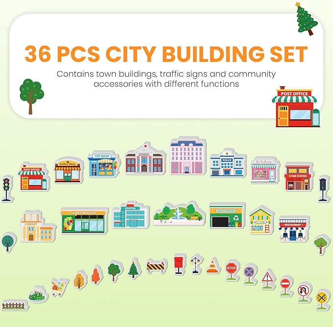 Kathfly 36 Pcs Wooden Community Helpers Community Wooden Toy Preschool Little Professionals Buildings Block Set Multicultural Buildings, Creative Play for Social Learning Educational Model