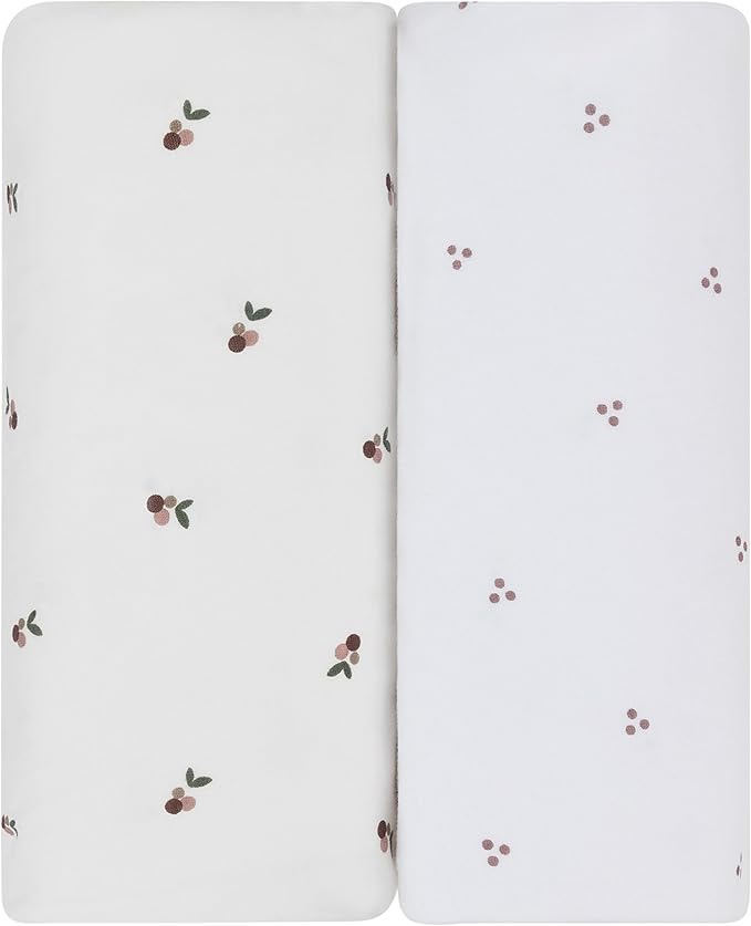 Ely's & Co. Patent Pending Waterproof Crib Sheets, 100% Cotton with Waterproof Lining - Built in Mattress Protector, 2 Pack Fitted Crib Sheet Set, Berry and Cluster Dot (Lavender) 28” x 52”
