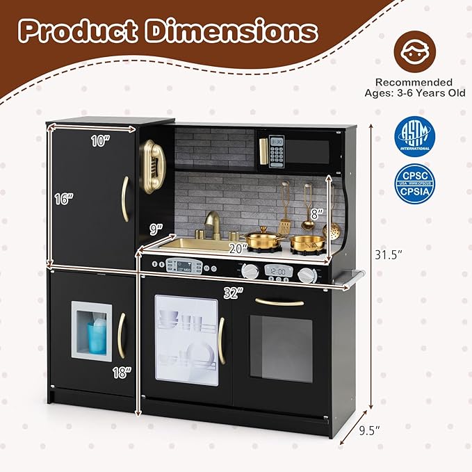 HONEY JOY Kids Kitchen Playset, Wooden Little Chef Pretend Toy Kitchen Set w/Chalkboard, Telephone, Utensils, Oven, Microwave, Sink, Storage, Play Kitchen for Toddlers Boys Girls, Black