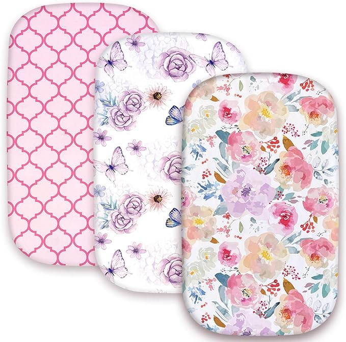 AMROSE 3 Pack Bassinet Sheets 33" x 20" Compatible with Mika Micky, Baby Delight, Dream On Me, AMKE and Other Rectangle Bassinet Mattress, Soft and Skin-Friendly, Happy Garden