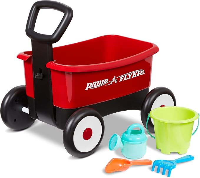 Baby Walker Wagon, Baby Toy Cart, Wagon for Kids, Toddler Toys, Radio Flyer Push & Pull Walker with Garden Tools, Red, for Ages 1-4 Years