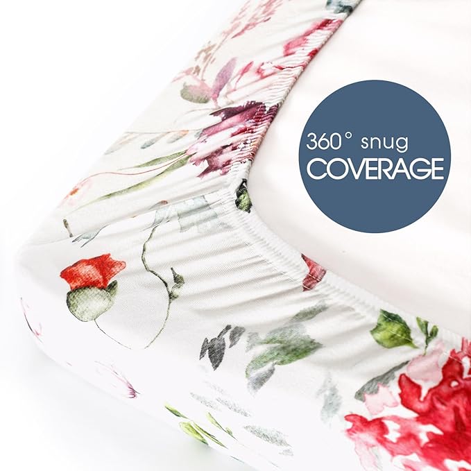 GRSSDER Fitted Pack and Play Sheets Set 3 Pack, Stretchy Ultra Soft Jersey Knit Portable/Mini Crib Sheets for Girls, Universal Fit for Pack N Plays Safe and Snug, Stylish Floral Pattern