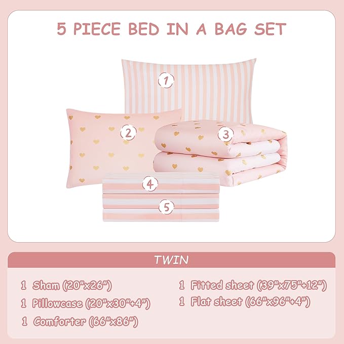 Twin Comforter Set with Sheets for Girls-5 Pieces Twin Bedding Sets with Pink Comforter, Sheets, Pillowcase & Sham for Kids (Pink Gold Heart, 66" X 86")