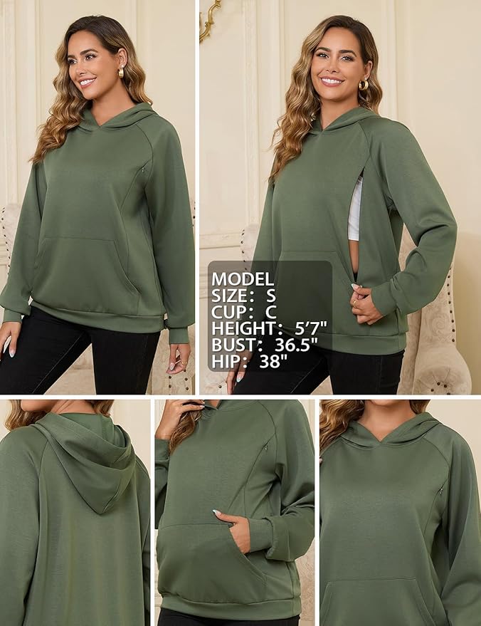 Bhome Nursing Sweatshirt Hoodie for Breastfeeding with Hidden Zippers Maternity Breast Pumping Tops Kangaroo Pocket
