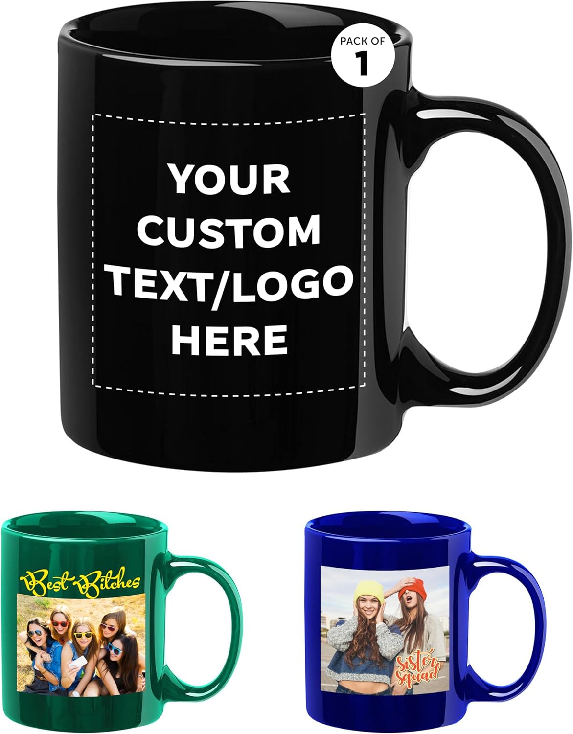 Custom Ceramic Coffee Mugs 11 oz. Set of 1, Personalized Bulk Pack - Coffee cup set, Iced coffee cup, Gaming mug - Midnight Black