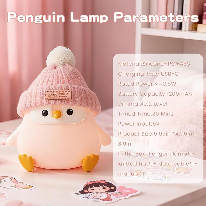 Penguin Silicone Night Light, Cute Pink Penguin Lamp with Knitted Hat, Soft Nursery Nightlight, USB Rechargeable/Dimmable,LED Squishy Novelty Animal Bedside Lamp,Funny Gifts for Kids/Girls