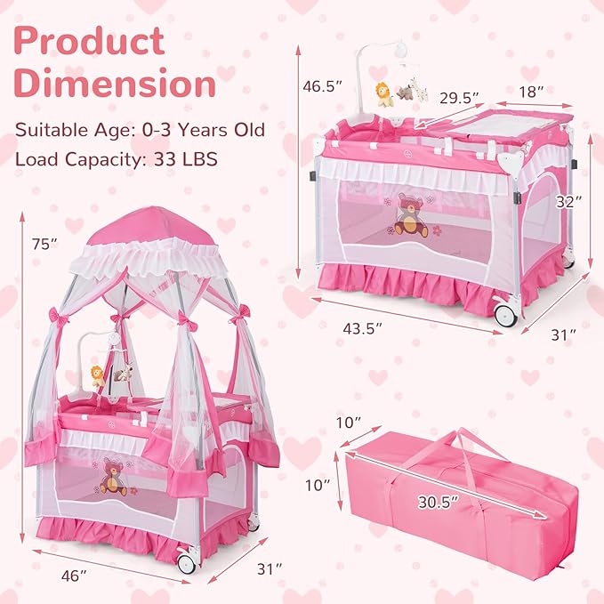 HONEY JOY 4-in-1 Pack and Play with Canopy, Portable Baby Playard w/Changing Table and Infant Bassinet, Cute Toys & Music, Foldable Bassinet for Newborn and Toddler (Hot Pink)