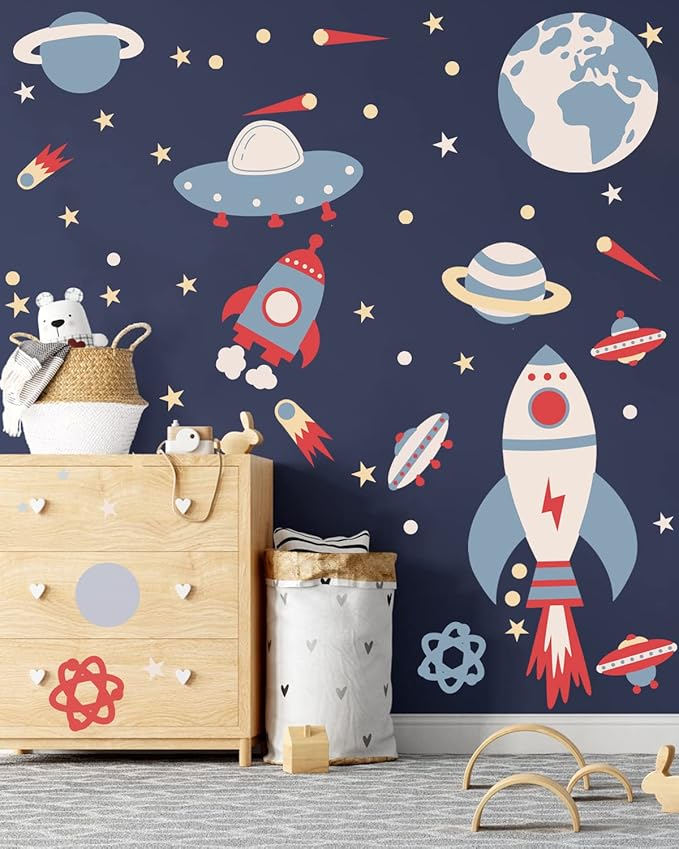 Space Peel and Stick Decals Rocket Planets Stars Wall Sticker Removable Vinyl Decals for Nursery Kids Room Girls Boys Bedroom Playroom Wall Decor