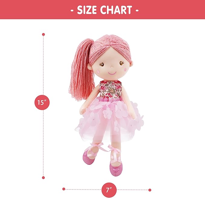 June Garden 15" Ballerina Plush Doll Rosalie - Soft Pink Hair Doll in Floral Dress & Tulle Skirt with Ballet Shoes - Gift for Girls & Toddlers