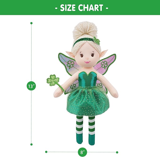 June Garden 12" Enchanted Garden Fairy Doll Clover - Plush Stuffed Soft Doll Girl Gift - Green Outfit and Wings