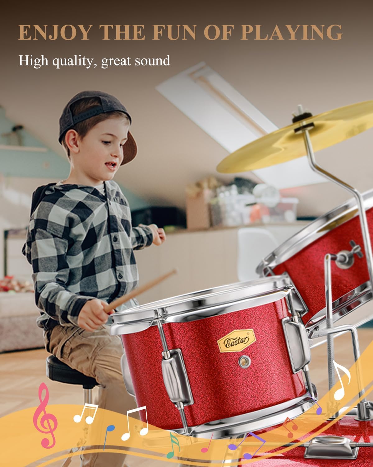 Eastar Drum Set for Kids and Beginners, 3-Piece 14'' Drum Kit with Adjustable Throne, Cymbal, Pedal & Two Pairs of Drumsticks, Junior Drum Set with Bass Tom Snare Drum, Metallic Red