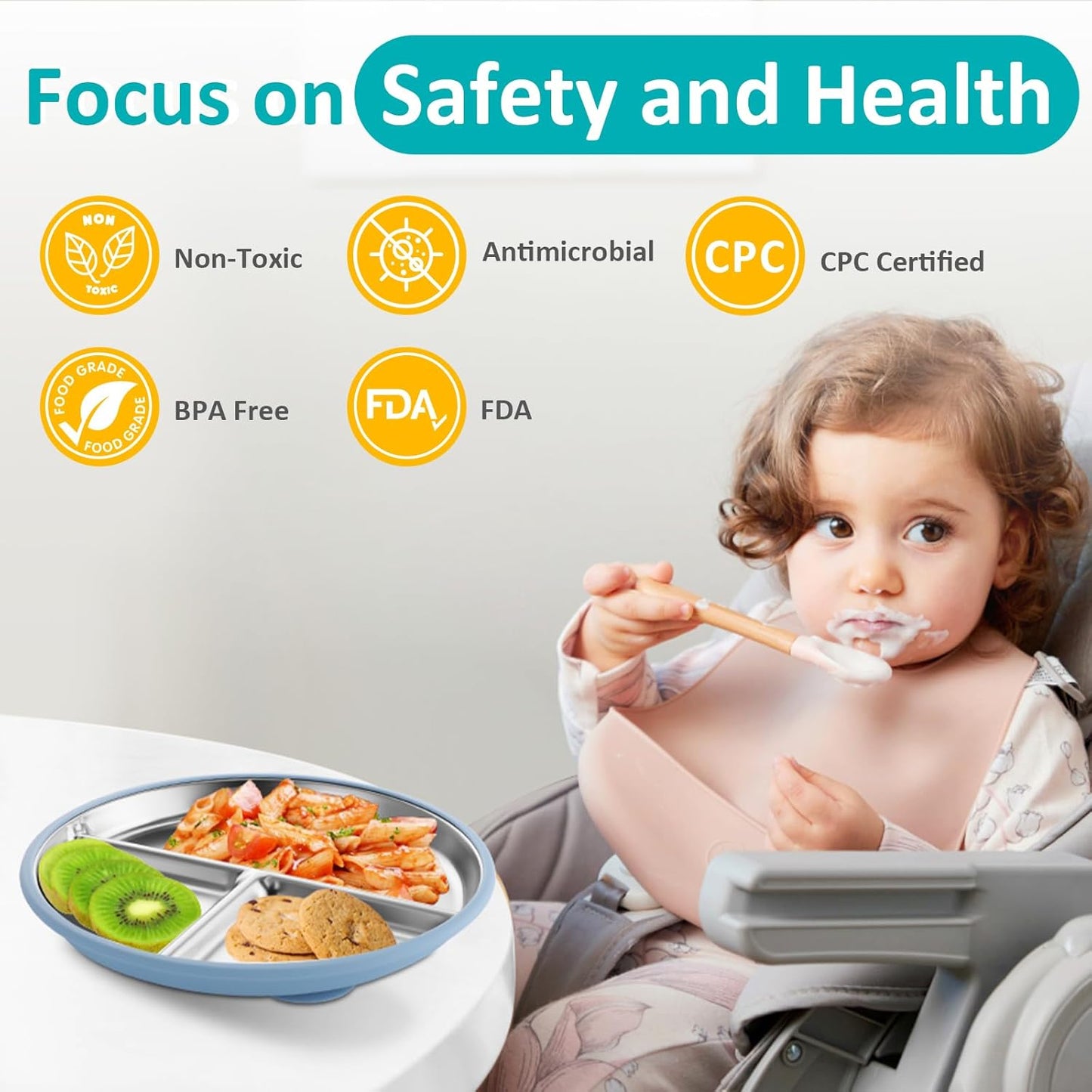 Stainless Steel Toddler Plate with Suction, 9” Divided Plates with Removable Silicone Sleeves for Kids, Non Toxic & BPA Free | Non Slip | Unbreakable Baby Snack Dishes Set of 2, Blue & Sage